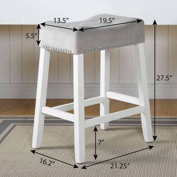 Set of 2 Velvet Counter Height Stools with Tufted Saddle Seats, White-Wash Finish, Gray - Space Saving Seating for Kitchen Island