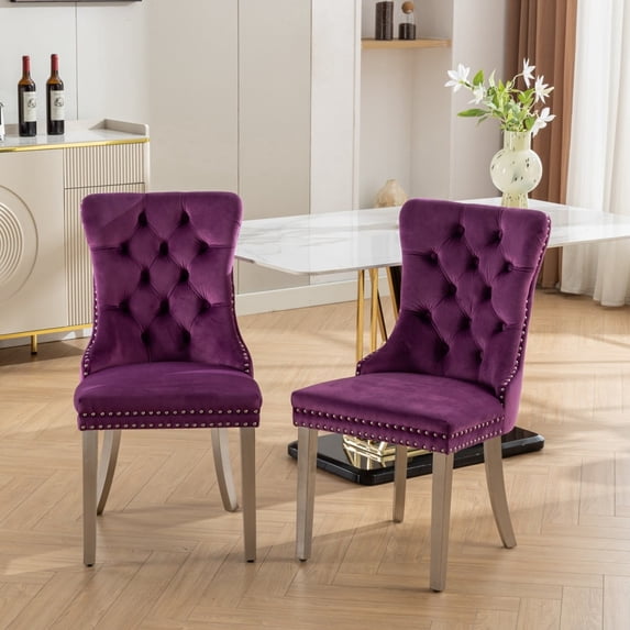 Set of 2 Velvet Dining Chairs, Tufted Back w/ Chrome Legs & Nailhead Trim