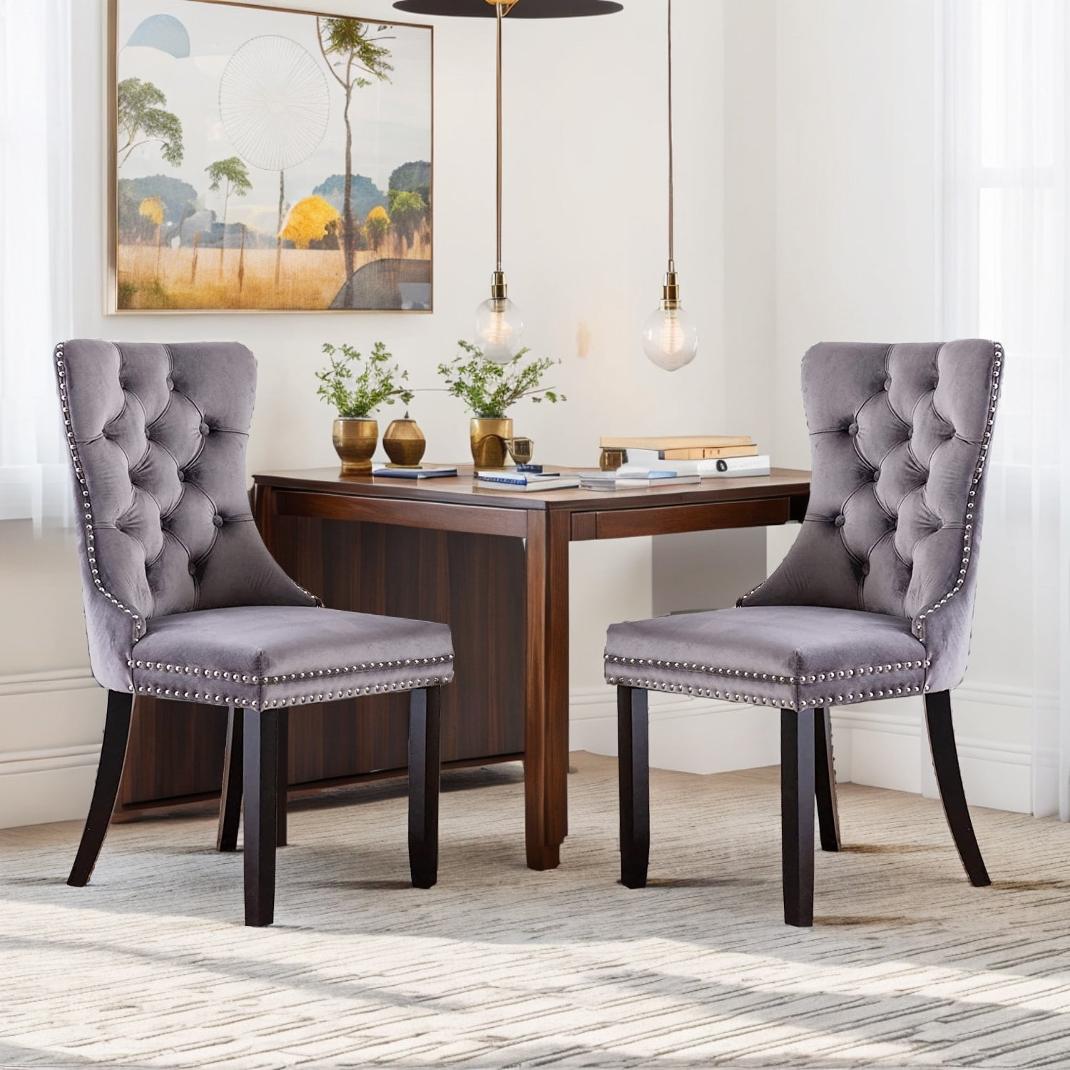 Gray Velvet Upholstered Side Chair with Wood Frame, Set of 2