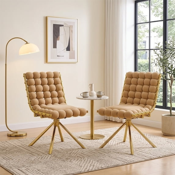 Set of 2 Velvet Dining Chairs with Unique Ball-Chain Bubble Backrest and Gold Metal Legs, Brown