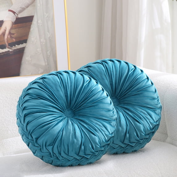 Set of 2 Round Velvet Decorative Pillow for Couch 15-Inch (Blue)