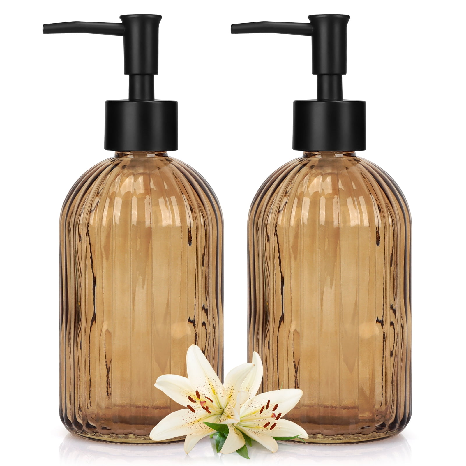 Set of 2 Vertical Ribbed Soap Dispensers 400ml Tea Tinted Glass Bottles with Black Pumps - Refillable Hand Soap Containers for Home and Office Use