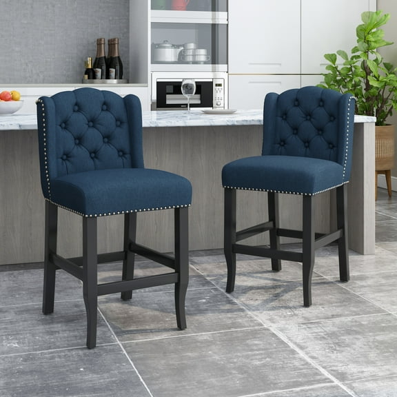 Set of 2, Vienna Contemporary Fabric Tufted Wingback 27-Inch Counter Stools in Navy Blue and Dark Brown: Stylish and Comfortable Seating