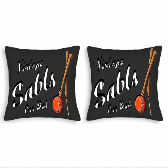 Set of 2 Vintage Baseball Throw Pillow Covers 18x18in - Black Background with ' Vintage Sabls ' Text Crossed Bats & Orange Baseball Design