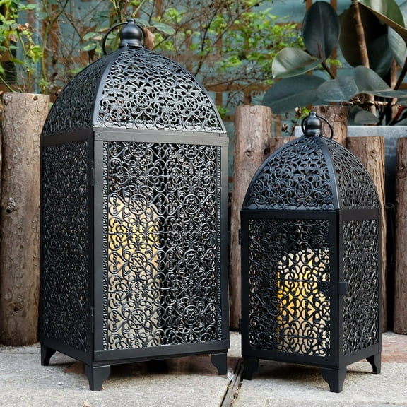 Set of 2 Vintage Decorative Candle Lantern 12''&16.5'' High Metal Candle Holder Hanging Lantern with Hollow Pattern