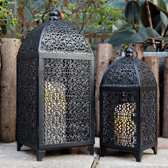 Set of 2 Vintage Decorative Candle Lantern 12''&16.5'' High Metal Candle Holder Hanging Lantern with Hollow Pattern