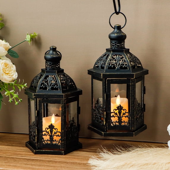 JHY DESIGN Candle Lantern 2 Candle Brushed Metal Hollow Christmas Pillar Candles Candle Lantern, Set of 2