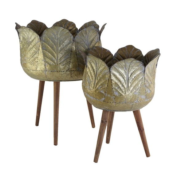 Set of 2 Vintage Distressed Antique Yellow Leaf Embossed Zinc Planter Pots with Solid Fir Wood Tripod Legs, Large & Small Assorted Sizes