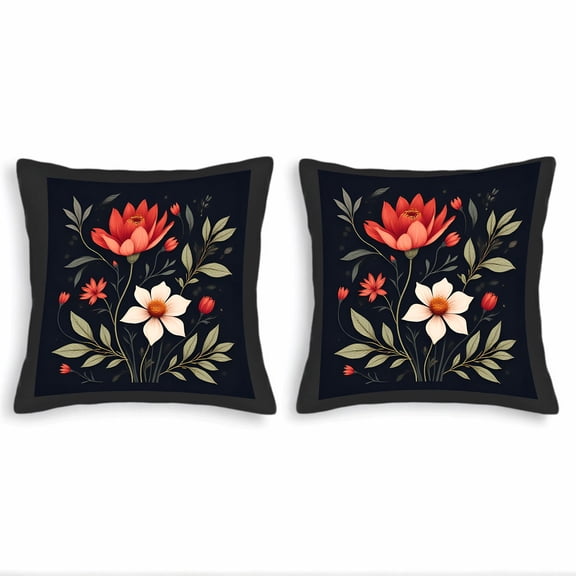 Set of 2 Vintage Floral Throw Pillow Covers 18x18in - Dark Background with Red & White Flowers Perfect for Couch Bed or Car