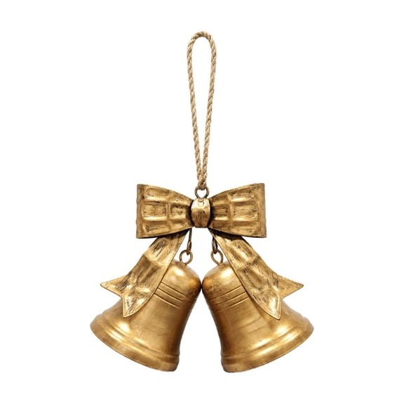 Set of 2 Vintage Gold Metal Christmas Bell Ornaments With Hammered Bow Hanging Decor 9.06 Inches