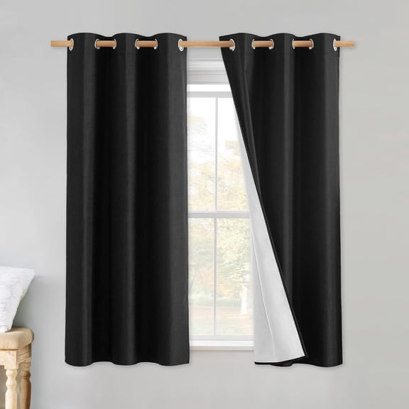 Set of 2 Vintage Linen Weave 100% Blackout Thermal Curtains, 34x48 inches, Black