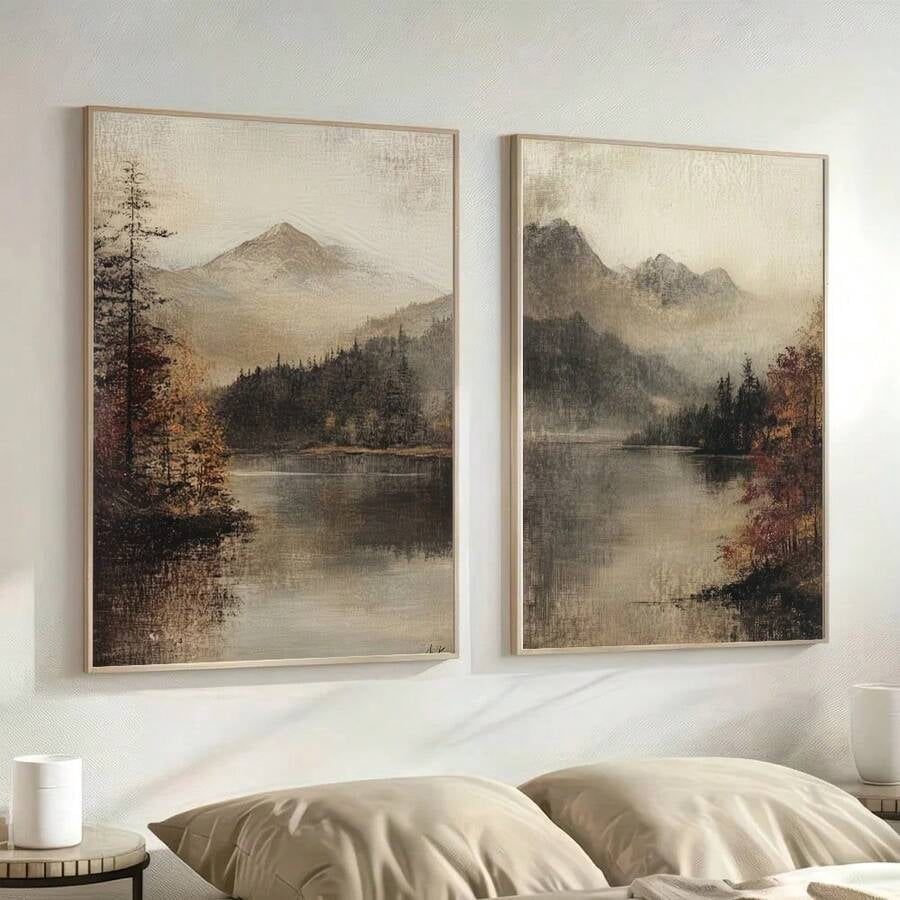 Set of 2 Vintage Mountain Lake Landscape Canvas Wall Art, Antique ...