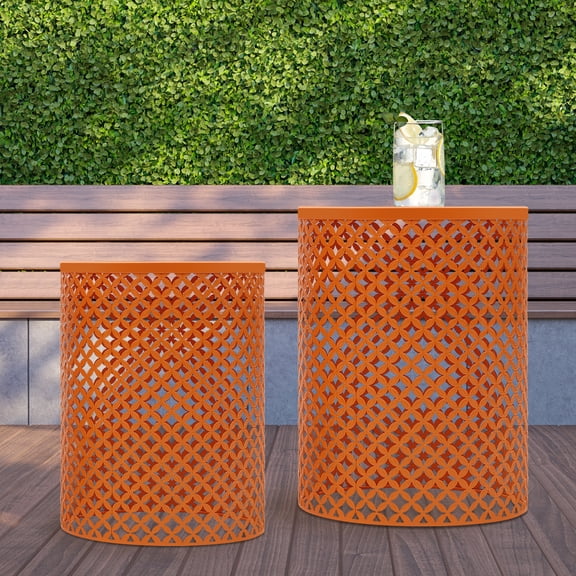 Set of 2 Vintage Orange Side Tables, 14.57x19.29in & 12.6x16.54in, Sturdy Iron with Openwork Floral Design, Ideal for Gardens and Patios