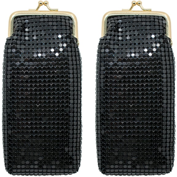 Set of 2 Vintage Soft Metallic Mesh Long Cigarette Case Purses With Lighter Pocket (4mm, Black)