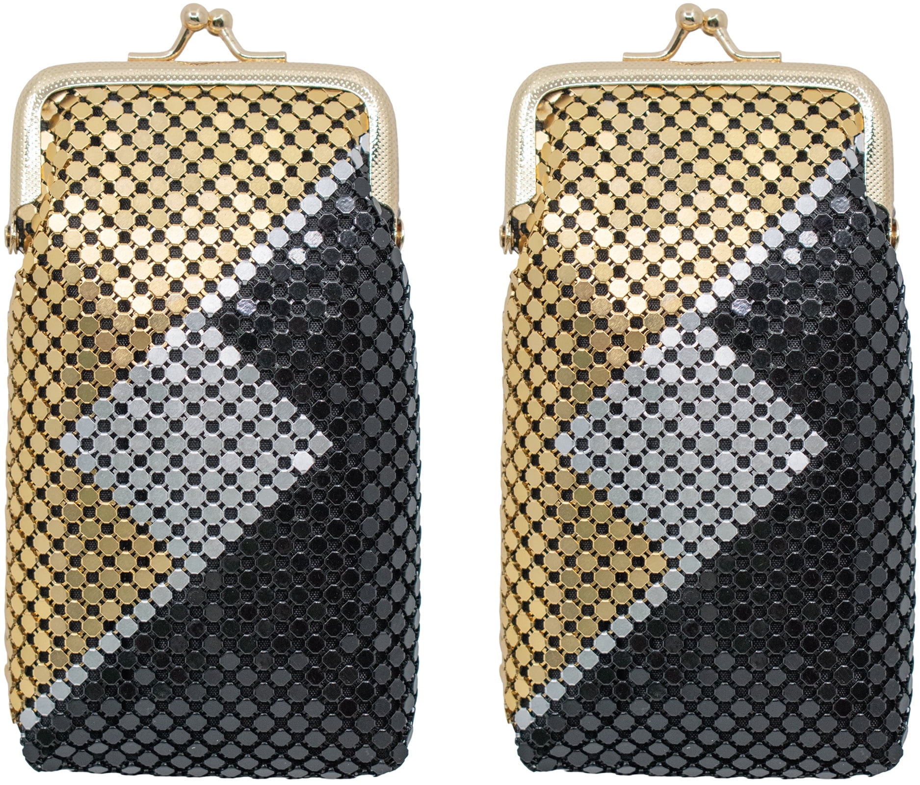 Set of 2 Vintage Soft Metallic Mesh Short Cigarette Case Purses (4mm, Black Silver Gold)