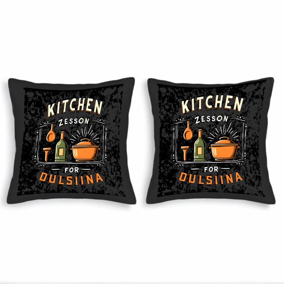 Set of 2 Vintage Style Throw Pillow Covers 18x18in - Black Kitchen Design with Bold ' KITCHEN ZESSON FOR OULSINA ' & Culinary Illustrations