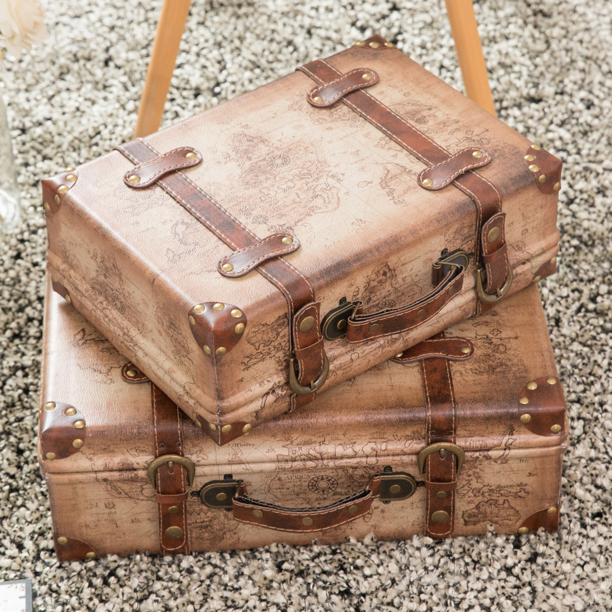 Set of 2 Vintage-Style World Map Leather Suitcase Trunks with Straps and Handle - image 1 of 6