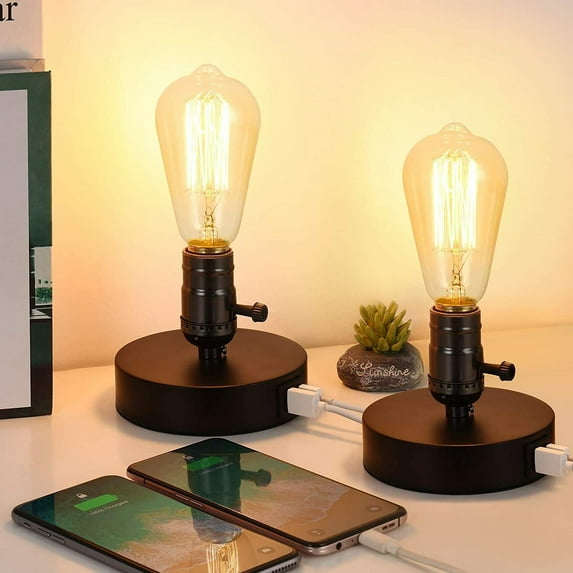 Set of 2 Vintage Table Lamp w/ 2 USB Charging Ports Bedside Desk Lamp Bedroom