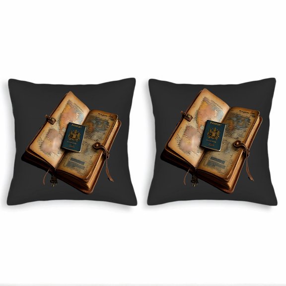 Set of 2 Vintage Travel-Themed Throw Pillow Covers 18x18in Featuring Maps and Exploration Illustrations for Couch Bed Car