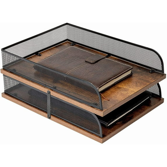 Set of 2 Vintage Wood & Metal Letter Tray，Desk Organizers Paper Tray，Office File Organizer(Black)