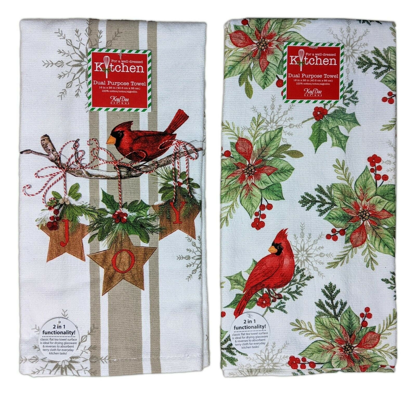 Set of 2 WINTER GARDEN Floral & Joy Cardinal Christmas Kitchen Towels