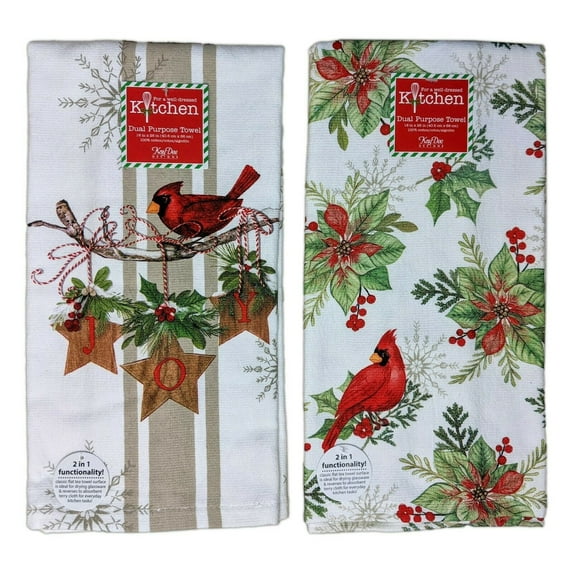 Set of 2 WINTER GARDEN Floral & Joy Cardinal Christmas Kitchen Towels by Kay Dee Designs