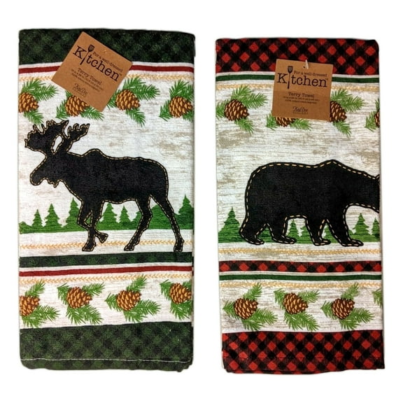 Set of 2 WOODLAND MOOSE & BEAR Terry Kitchen Towels by Kay Dee Designs