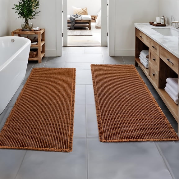 Set of 2 Waffle Bath Runner Rugs, Caramel, Non Slip Rubber Backed, Super Absorbent, 24 Inch x 72 Inch