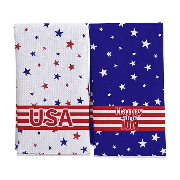 Set of 2 Waffle Independence Day Towels, 15.7x23.6 inches, Shower Towels, Kitchen Bathroom Polyester Hand Towels Absorbent Tea Towel