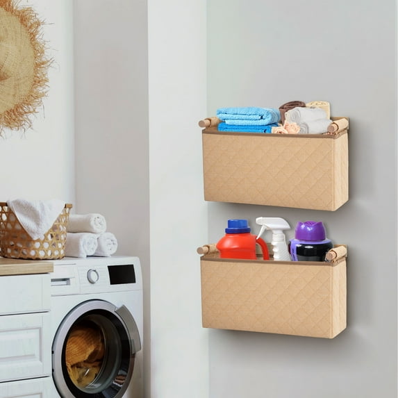 Set of 2 Wall Hanging Storage Bag Organizing Toilet Paper, Wall Mounted Laundry Hamper, Small Beige Cotton Basket