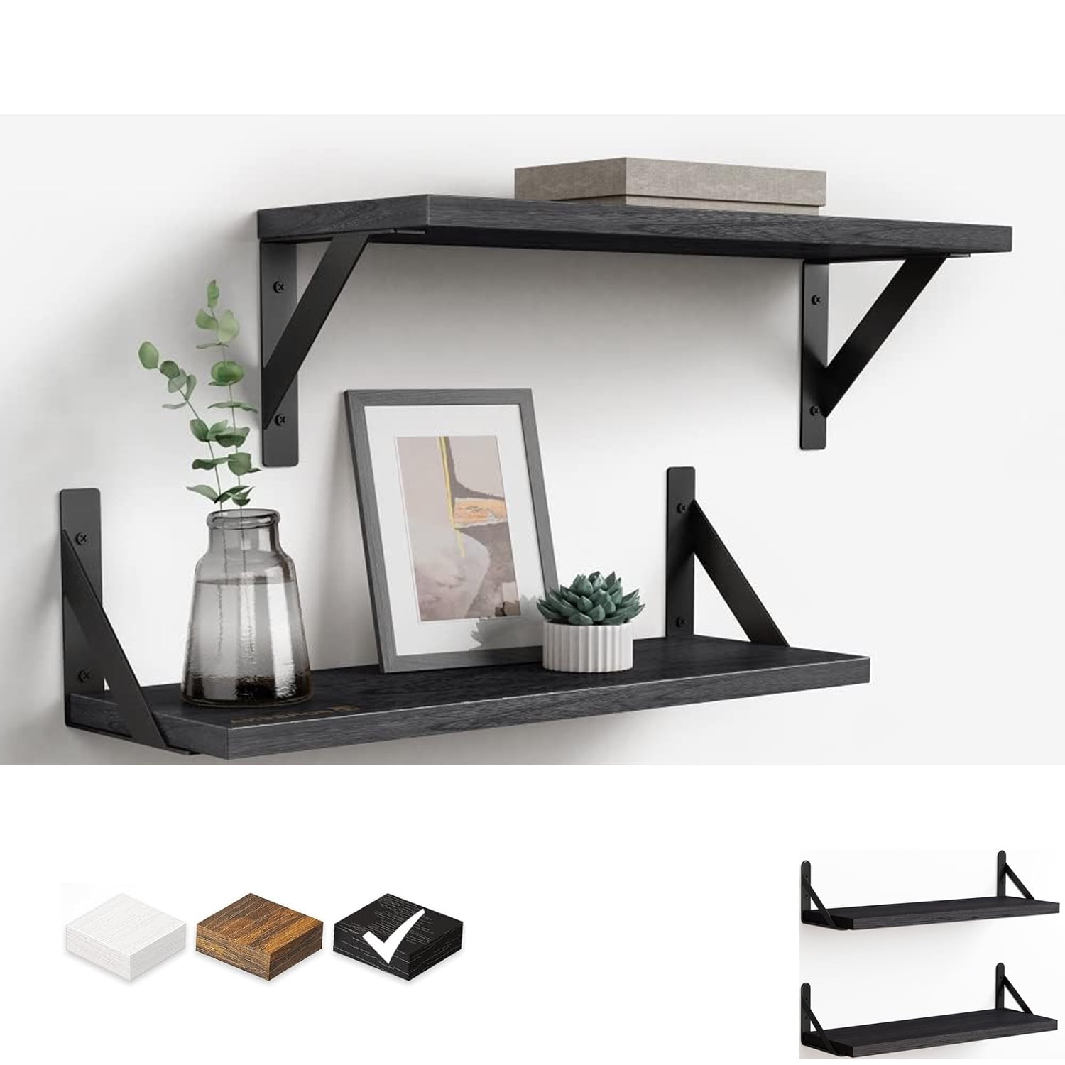 Set of 2 Wall-Mounted Floating Shelves W/Triangle Bracket, 16 Inch Black Rustic Wood Storage Shelf for Living Room Kitchen Bedroom Bathroom