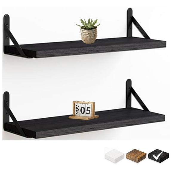 Set of 2 Wall-Mounted Bathroom Floating Shelves W/Triangle Bracket, 16 Inch Black Rustic Wood Storage Shelf for Living Room Kitchen Bedroom