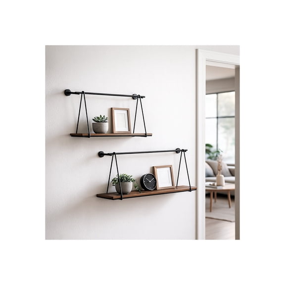 Minimalist Wall Mounted Storage Organizer for Home Decor - Modern Hanging Swing Style Metal & Wood Storage for Office Styling - Refined Wall Shelves for Display - Set of 2, 14", 12", Brown & Black