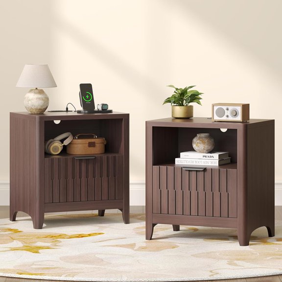 Set of 2 Walnut Fluted Nightstands with Charging Station, Storage Drawer, Open Shelf, and Curved Corner