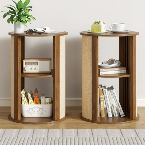 Set of 2 Walnut Round Side Tables, Mid Century Modern 2-Tier Nightstands with Storage & Adjustable Shelf