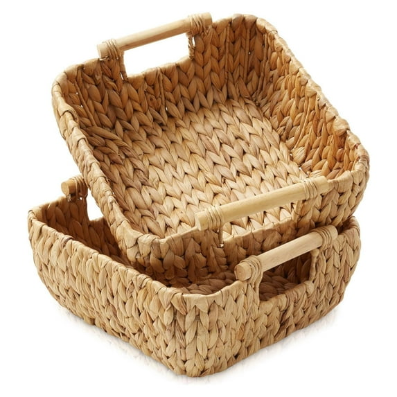 Set of 2 Water Hyacinth Oval Storage Baskets with Wooden Handles - Small, Woven Bin Organizers