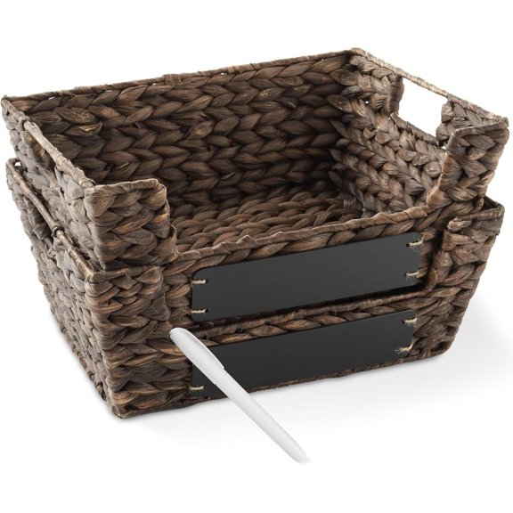 Set of 2 Water Hyacinth Pantry Baskets with Handles, Chalkboard Labels, and Marker - Espresso, Wide Woven Storage Bin Organizers for Kitchen Shelves