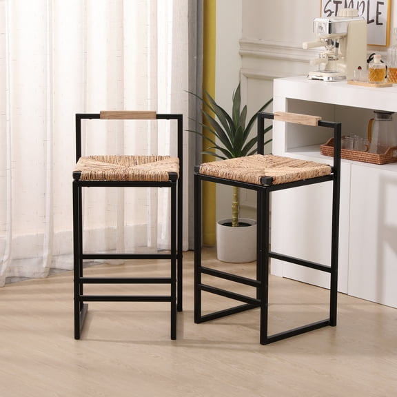 Set of 2 Water Hyacinth Woven Bar Stools Counter Height with Back Support for Kitchen/Home
