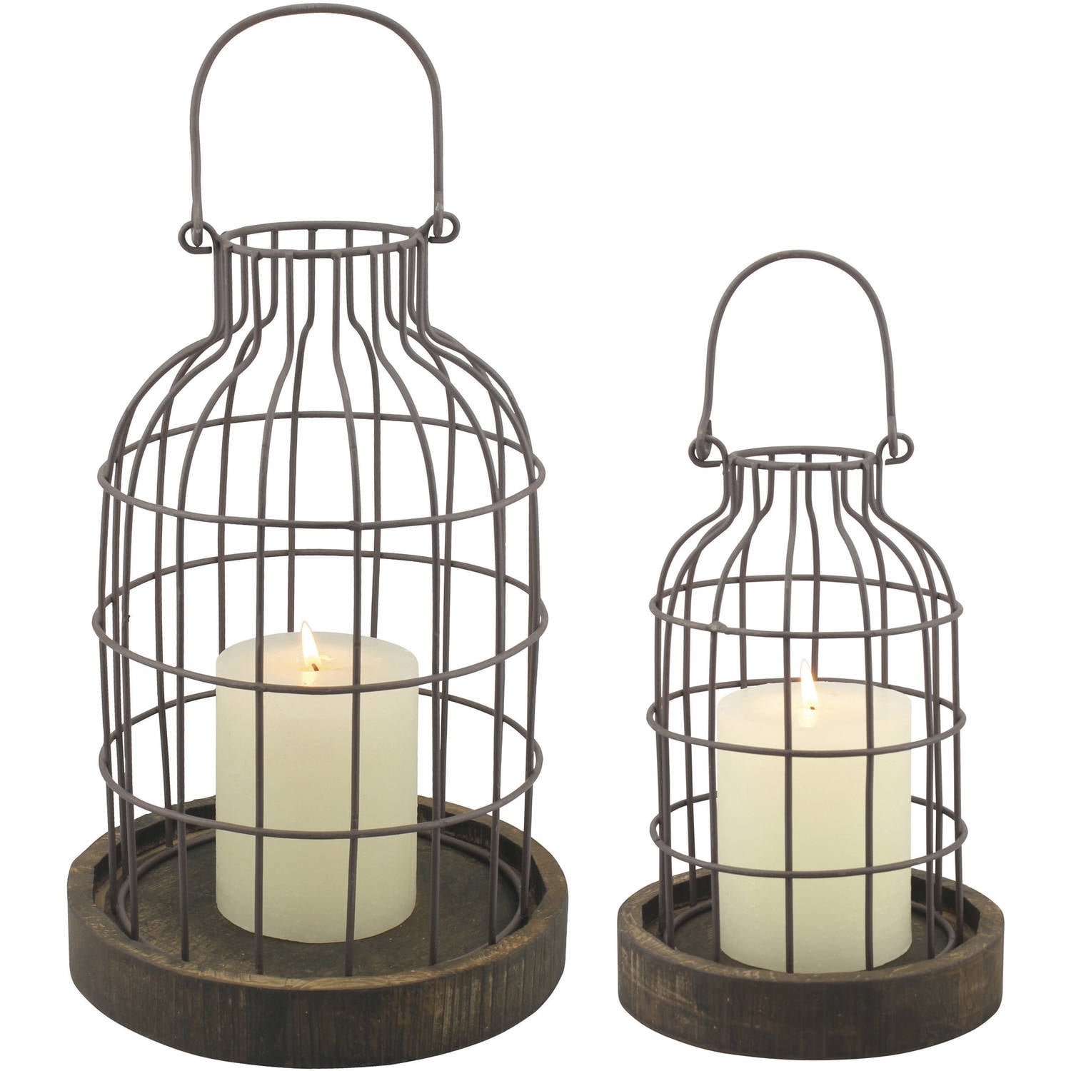 Rustic Brown Metal Wire Candle Lantern Set with Wooden Base