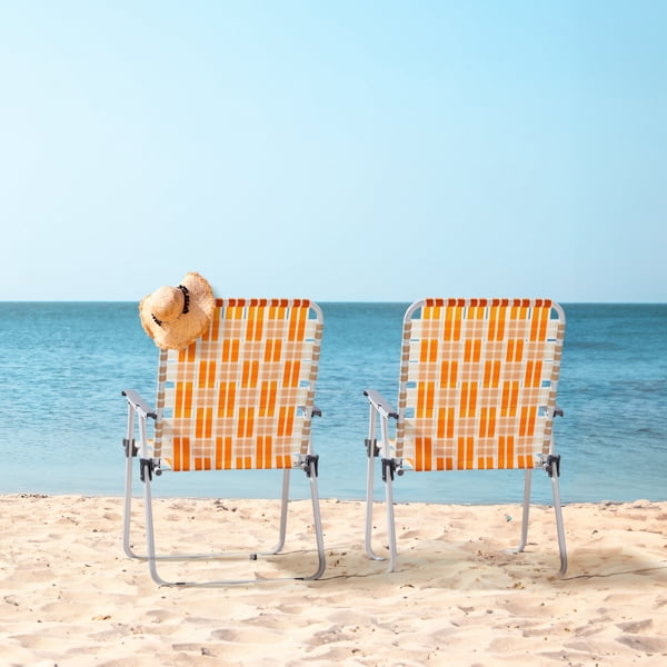 Set of 2 Webbed Folding Beach Chairs, Outdoor Patio Lawn Foldable Chairs for Camping Fishing Yard Poolside BBQ, Orange & White