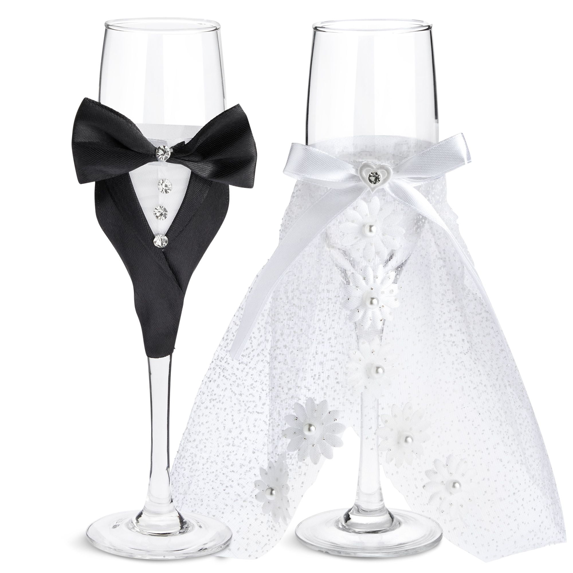 Personalized Wedding Champagne Flutes for Bride and Groom - Set of 2, 7 oz,  2 Designs - Champagne Glasses for Engagement with Your Names and Date - D1