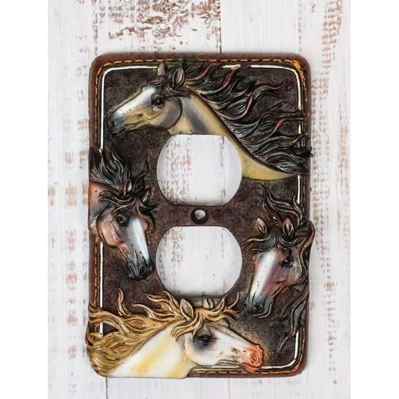 Set of 2 Western Colorful 4 Stallion Horses Wall Double Outlet Receptacle Plates