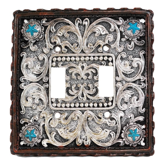 Set of 2 Western Turquoise Stars Lace Scroll Wall Double Toggle Switch Plates