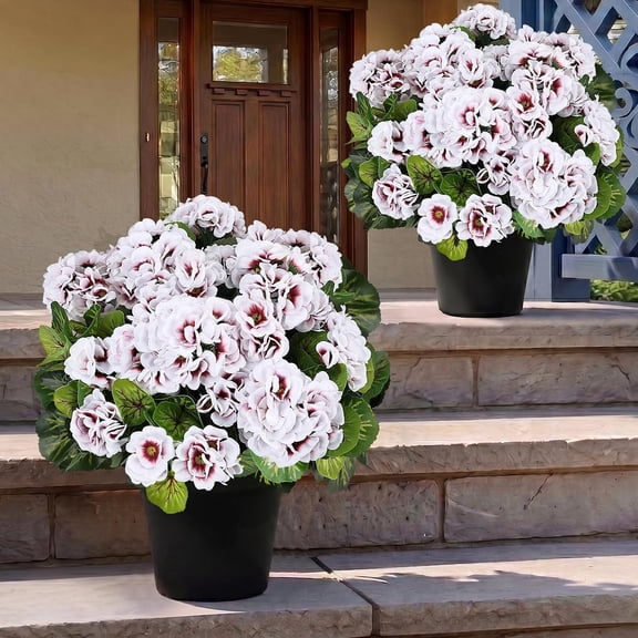 Set of 2 White Artificial Geranium Plants in Pots UV Resistant for Outdoor Use