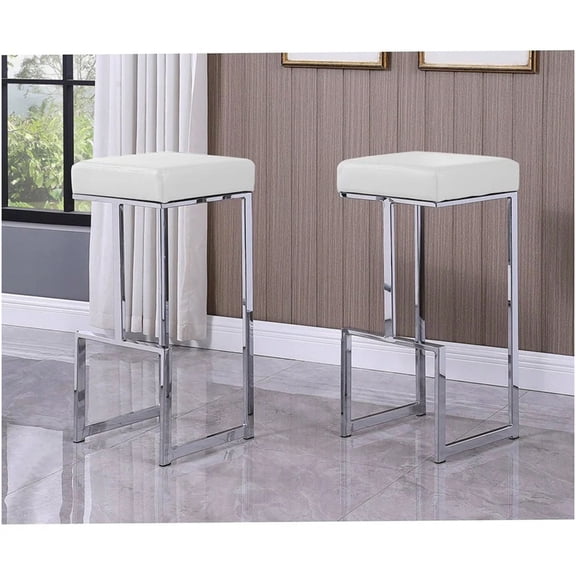 Set of 2 White Backless Bar Stools, Modern Faux Leather Counter Stools with Chrome Base for Kitchen Island, Dining Room