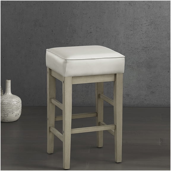 Set of 2 White Bar Stools 24 Inch Height, Faux Leather Seat Counter Stool with Solid Wood Legs