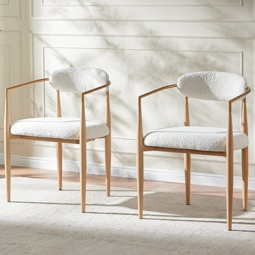 Set of 2 White Boucle Upholstered Dining Chair, Wood Grain Metal Frame Accent Chair for Kitchen Restaurant - Fortmok