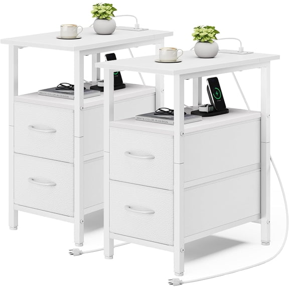 Set of 2 White End Tables with Charging Station, 23.8" Tall Narrow Nightstand with 2 Drawers, Small Sofa Side Table for Small Spaces