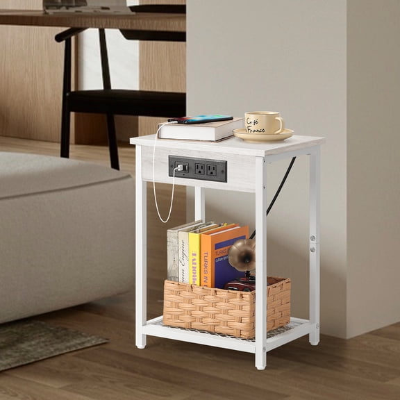 Set of 2 White End Tables with Charging Station, 3 USB Ports & 6.56ft Power Cord