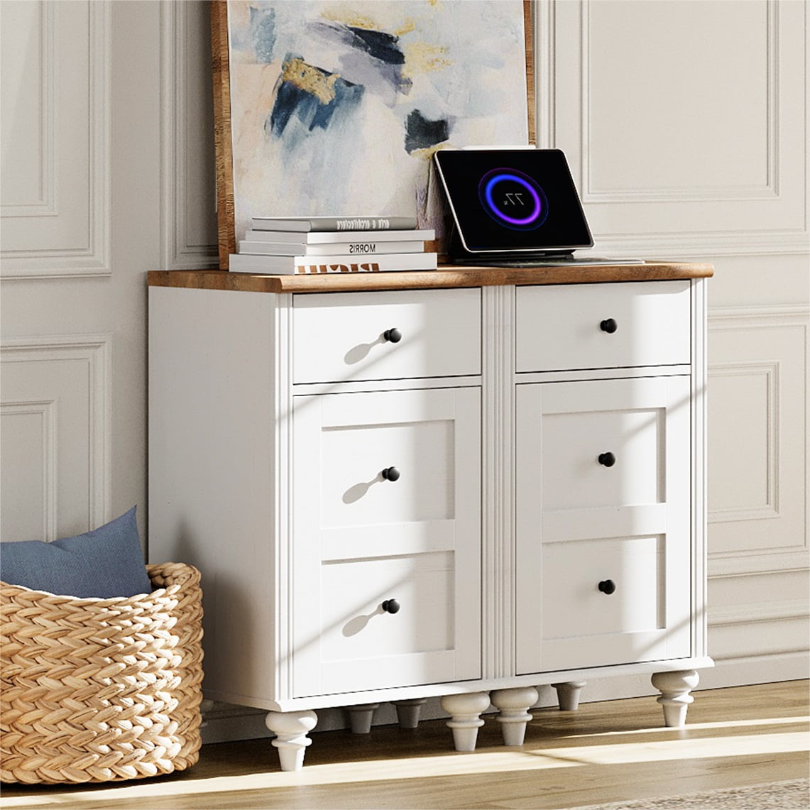White End Tables with Charging Station, Farmhouse Side Tables with Drawer and cabinet, Wooden Nightstands Featuring Power Outlets for Living Room and Bedroom(Set of 2 )